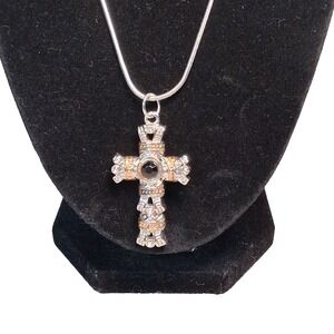 Two Tone Magnetic Closure Cross Necklace Black Onyx Style Center Stone Crystals